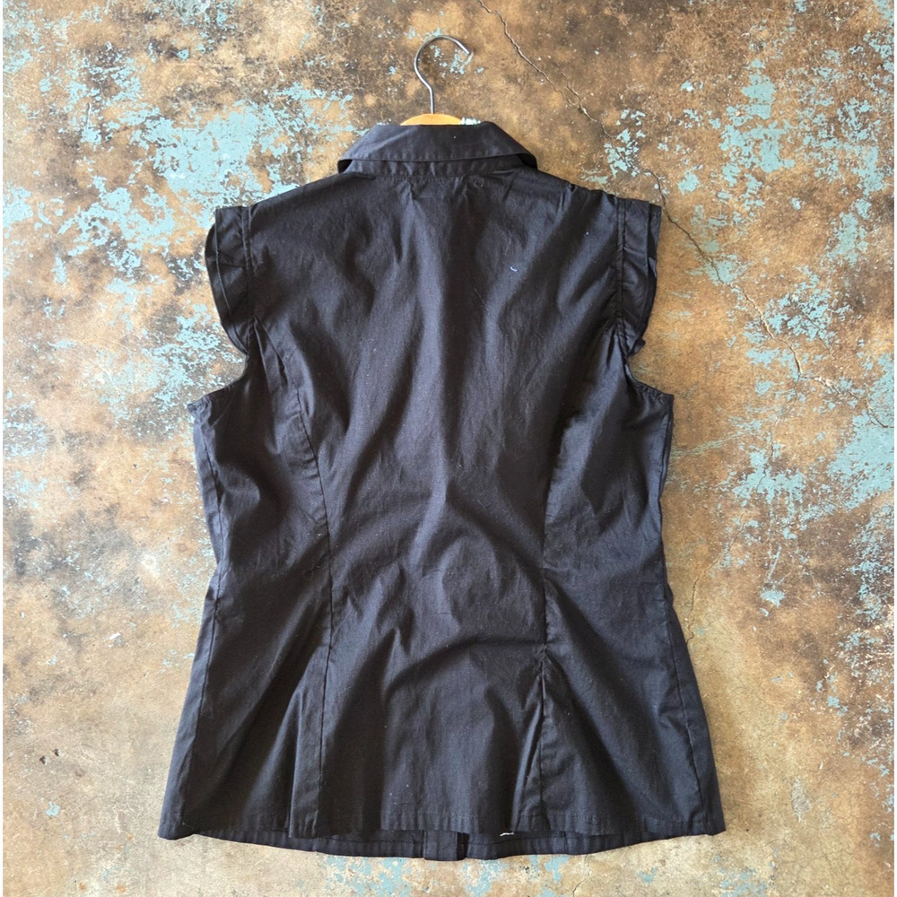 Vintage Y2K Black Ruffle Front Top Size XL 15 17 Cap Sleeve Corpcore Button Up - Picture 8 of 8